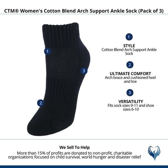 CTM Women's Cotton Blend Arch Support Ankle Sock (Pack of 3) - Picture 3 of 3